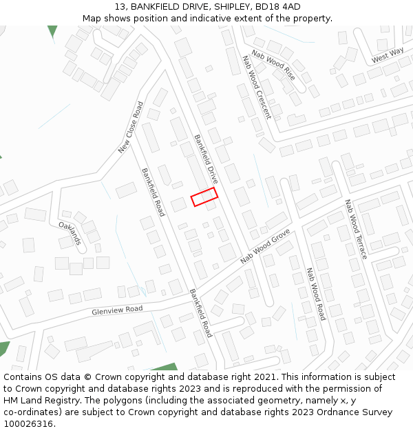 13, BANKFIELD DRIVE, SHIPLEY, BD18 4AD: Location map and indicative extent of plot