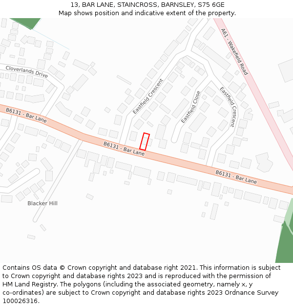 13, BAR LANE, STAINCROSS, BARNSLEY, S75 6GE: Location map and indicative extent of plot