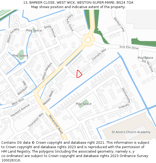 13, BARKER CLOSE, WEST WICK, WESTON-SUPER-MARE, BS24 7GA: Location map and indicative extent of plot