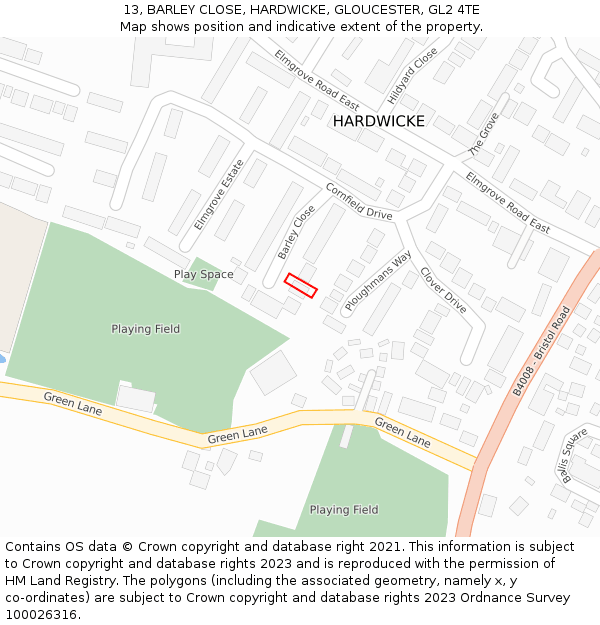 13, BARLEY CLOSE, HARDWICKE, GLOUCESTER, GL2 4TE: Location map and indicative extent of plot