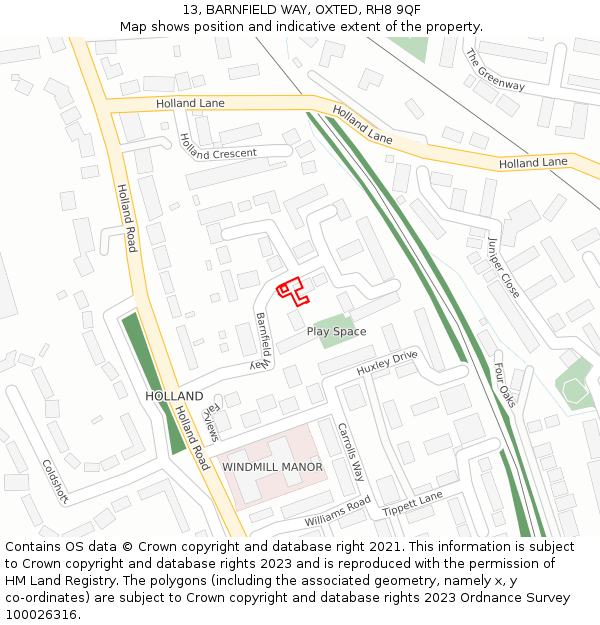 13, BARNFIELD WAY, OXTED, RH8 9QF: Location map and indicative extent of plot