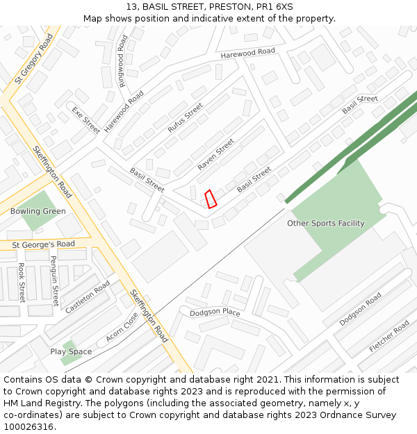 13, BASIL STREET, PRESTON, PR1 6XS: Location map and indicative extent of plot