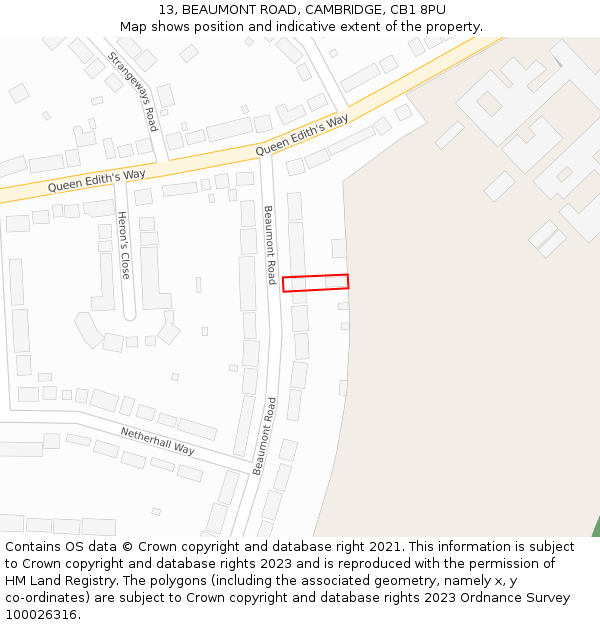 13, BEAUMONT ROAD, CAMBRIDGE, CB1 8PU: Location map and indicative extent of plot