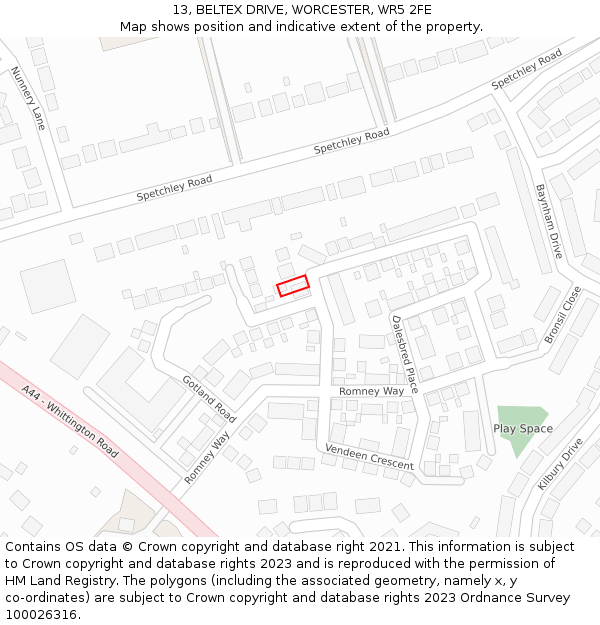 13, BELTEX DRIVE, WORCESTER, WR5 2FE: Location map and indicative extent of plot