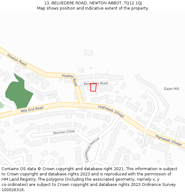 13, BELVEDERE ROAD, NEWTON ABBOT, TQ12 1QJ: Location map and indicative extent of plot