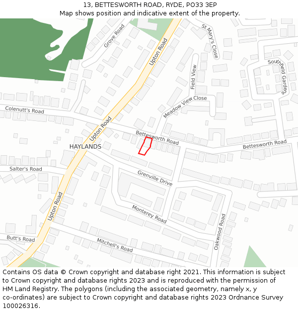 13, BETTESWORTH ROAD, RYDE, PO33 3EP: Location map and indicative extent of plot