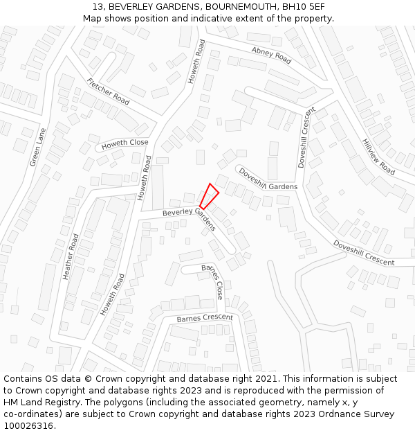 13, BEVERLEY GARDENS, BOURNEMOUTH, BH10 5EF: Location map and indicative extent of plot