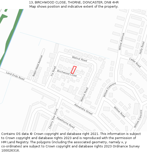 13, BIRCHWOOD CLOSE, THORNE, DONCASTER, DN8 4HR: Location map and indicative extent of plot