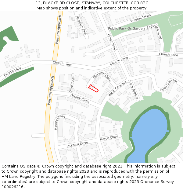 13, BLACKBIRD CLOSE, STANWAY, COLCHESTER, CO3 8BG: Location map and indicative extent of plot