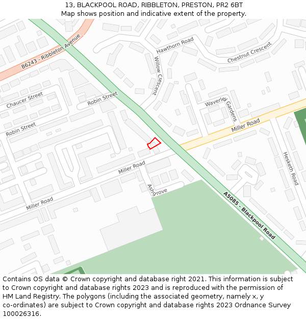 13, BLACKPOOL ROAD, RIBBLETON, PRESTON, PR2 6BT: Location map and indicative extent of plot