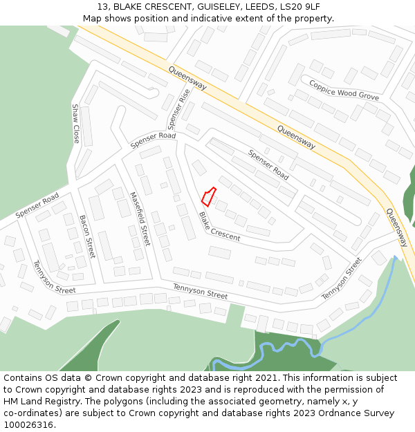 13, BLAKE CRESCENT, GUISELEY, LEEDS, LS20 9LF: Location map and indicative extent of plot