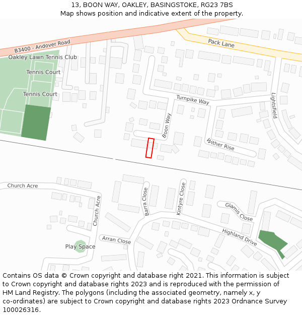 13, BOON WAY, OAKLEY, BASINGSTOKE, RG23 7BS: Location map and indicative extent of plot