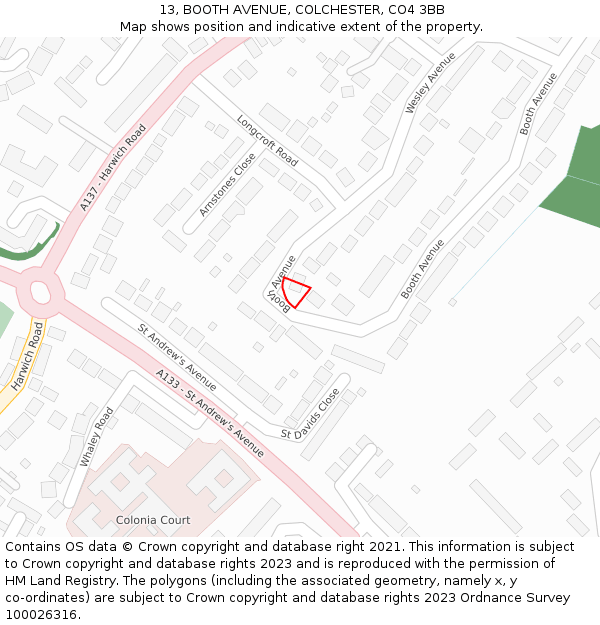 13, BOOTH AVENUE, COLCHESTER, CO4 3BB: Location map and indicative extent of plot