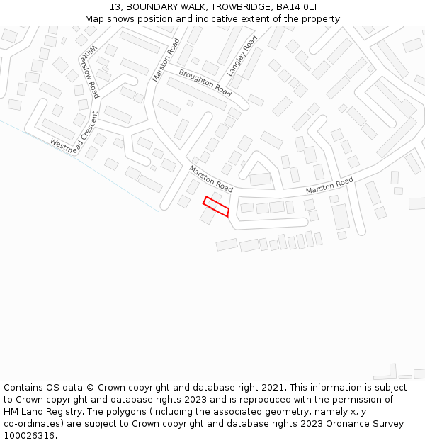 13, BOUNDARY WALK, TROWBRIDGE, BA14 0LT: Location map and indicative extent of plot