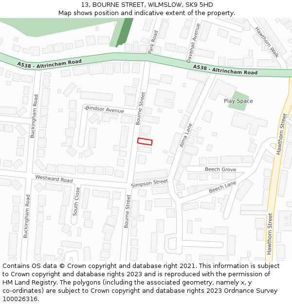 13, BOURNE STREET, WILMSLOW, SK9 5HD: Location map and indicative extent of plot