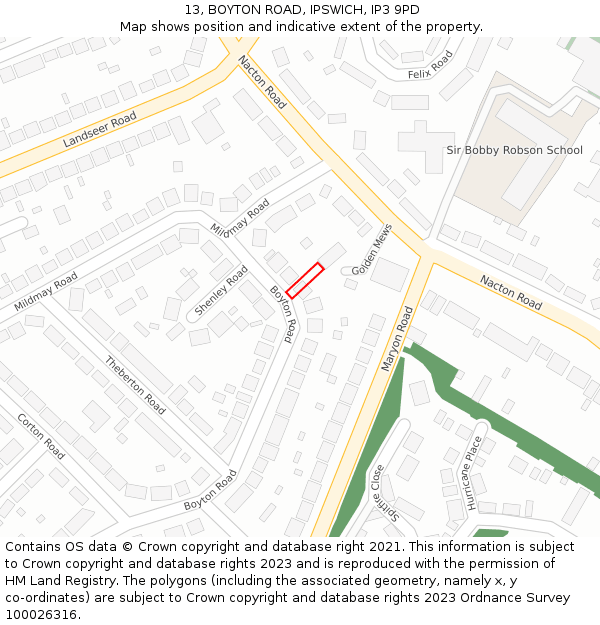 13, BOYTON ROAD, IPSWICH, IP3 9PD: Location map and indicative extent of plot