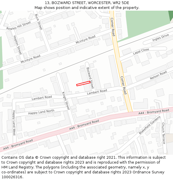 13, BOZWARD STREET, WORCESTER, WR2 5DE: Location map and indicative extent of plot