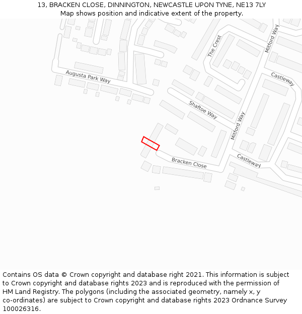 13, BRACKEN CLOSE, DINNINGTON, NEWCASTLE UPON TYNE, NE13 7LY: Location map and indicative extent of plot