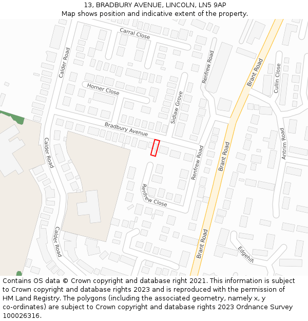13, BRADBURY AVENUE, LINCOLN, LN5 9AP: Location map and indicative extent of plot