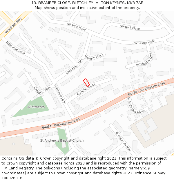 13, BRAMBER CLOSE, BLETCHLEY, MILTON KEYNES, MK3 7AB: Location map and indicative extent of plot