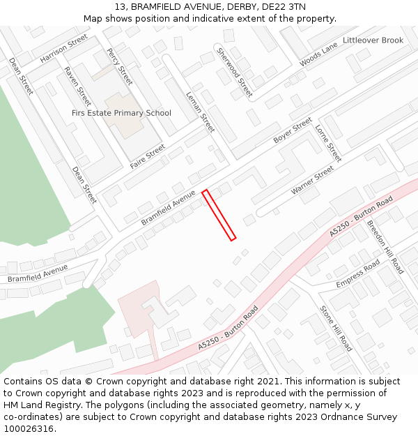 13, BRAMFIELD AVENUE, DERBY, DE22 3TN: Location map and indicative extent of plot