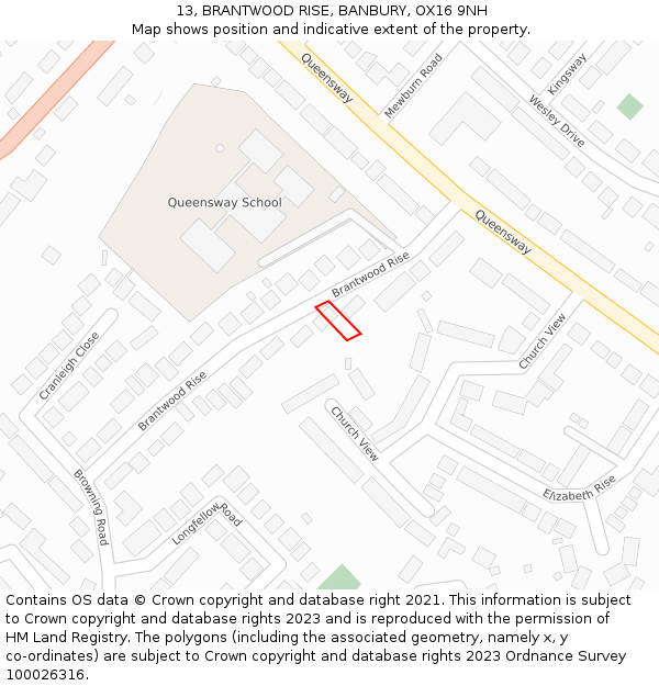 13, BRANTWOOD RISE, BANBURY, OX16 9NH: Location map and indicative extent of plot