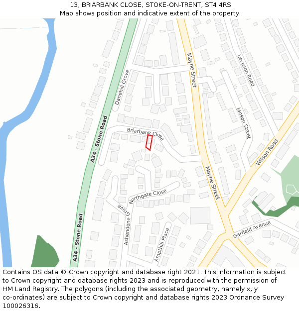 13, BRIARBANK CLOSE, STOKE-ON-TRENT, ST4 4RS: Location map and indicative extent of plot