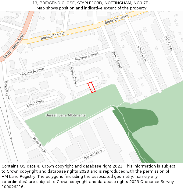 13, BRIDGEND CLOSE, STAPLEFORD, NOTTINGHAM, NG9 7BU: Location map and indicative extent of plot