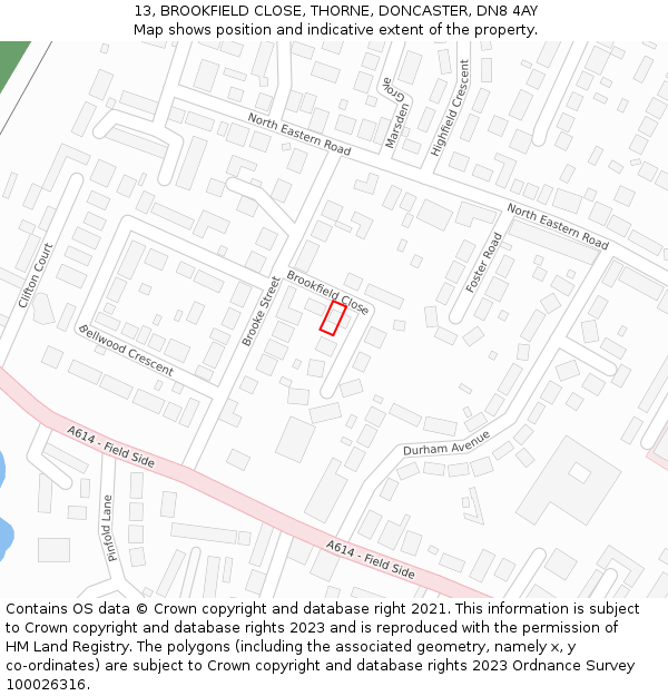 13, BROOKFIELD CLOSE, THORNE, DONCASTER, DN8 4AY: Location map and indicative extent of plot
