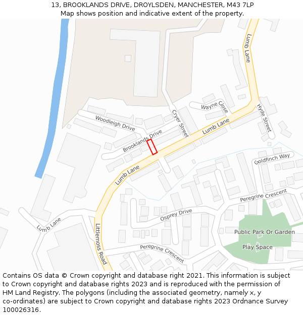 13, BROOKLANDS DRIVE, DROYLSDEN, MANCHESTER, M43 7LP: Location map and indicative extent of plot