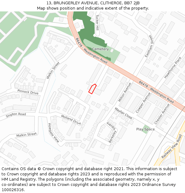 13, BRUNGERLEY AVENUE, CLITHEROE, BB7 2JB: Location map and indicative extent of plot
