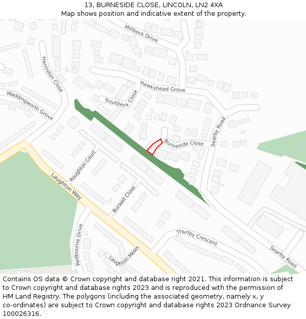 13, BURNESIDE CLOSE, LINCOLN, LN2 4XA: Location map and indicative extent of plot