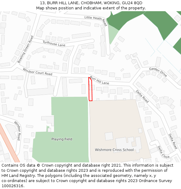 13, BURR HILL LANE, CHOBHAM, WOKING, GU24 8QD: Location map and indicative extent of plot