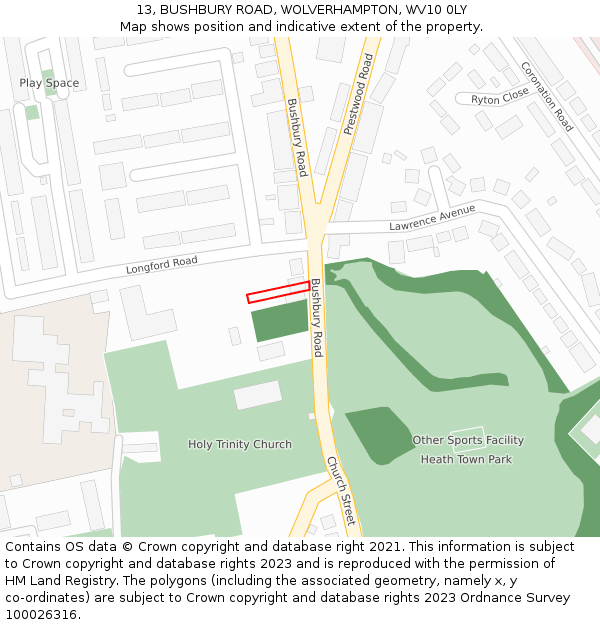13, BUSHBURY ROAD, WOLVERHAMPTON, WV10 0LY: Location map and indicative extent of plot