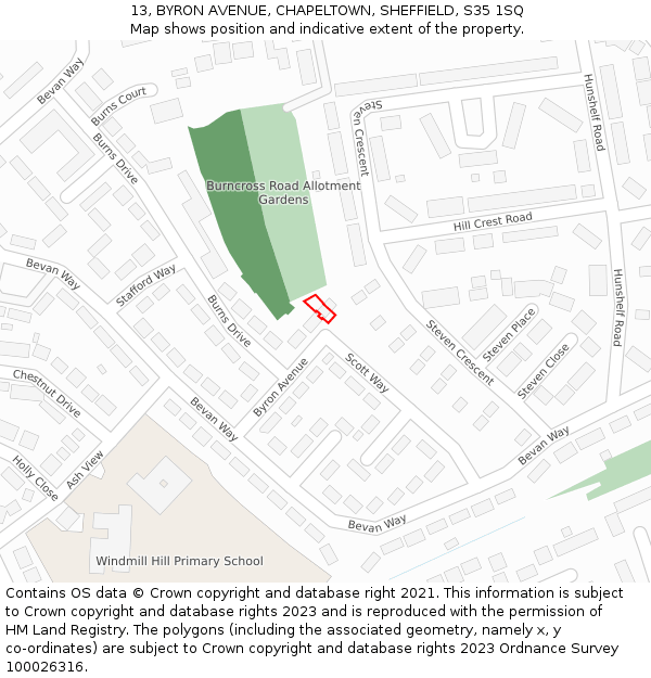 13, BYRON AVENUE, CHAPELTOWN, SHEFFIELD, S35 1SQ: Location map and indicative extent of plot