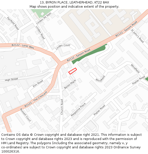 13, BYRON PLACE, LEATHERHEAD, KT22 8AX: Location map and indicative extent of plot