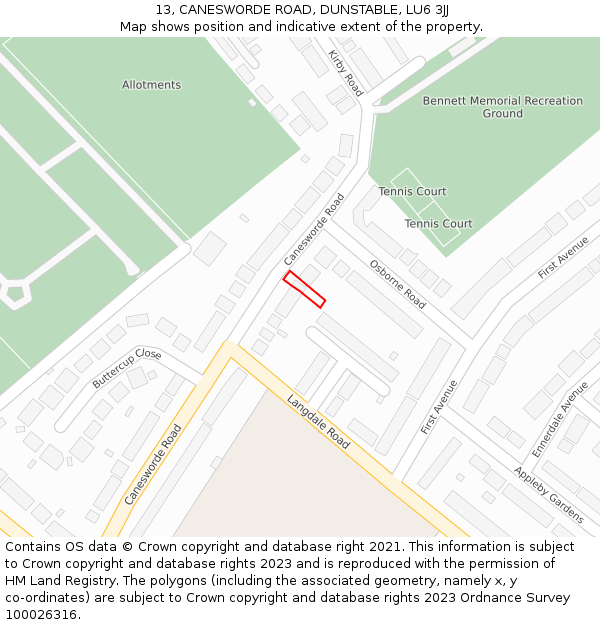 13, CANESWORDE ROAD, DUNSTABLE, LU6 3JJ: Location map and indicative extent of plot