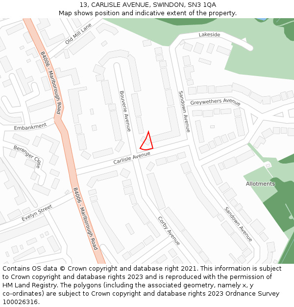 13, CARLISLE AVENUE, SWINDON, SN3 1QA: Location map and indicative extent of plot