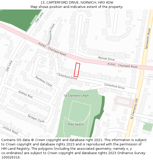 13, CARTERFORD DRIVE, NORWICH, NR3 4DW: Location map and indicative extent of plot