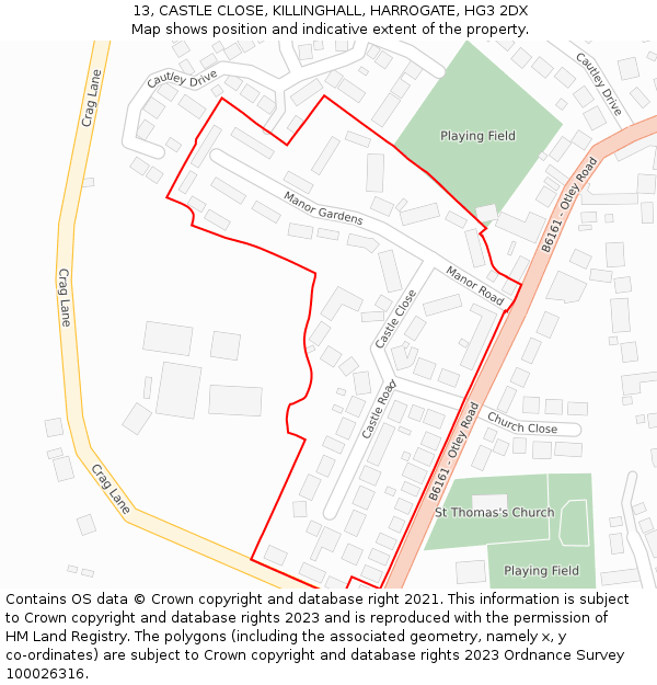 13, CASTLE CLOSE, KILLINGHALL, HARROGATE, HG3 2DX: Location map and indicative extent of plot