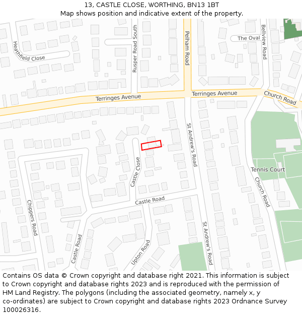 13, CASTLE CLOSE, WORTHING, BN13 1BT: Location map and indicative extent of plot