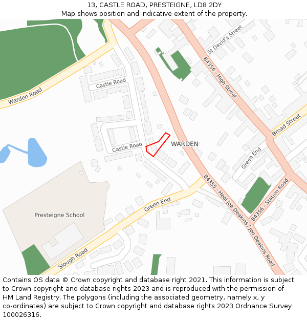 13, CASTLE ROAD, PRESTEIGNE, LD8 2DY: Location map and indicative extent of plot