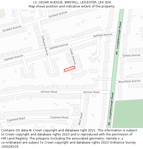 13, CEDAR AVENUE, BIRSTALL, LEICESTER, LE4 3DA: Location map and indicative extent of plot