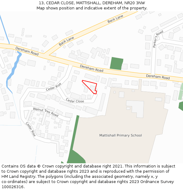 13, CEDAR CLOSE, MATTISHALL, DEREHAM, NR20 3NW: Location map and indicative extent of plot