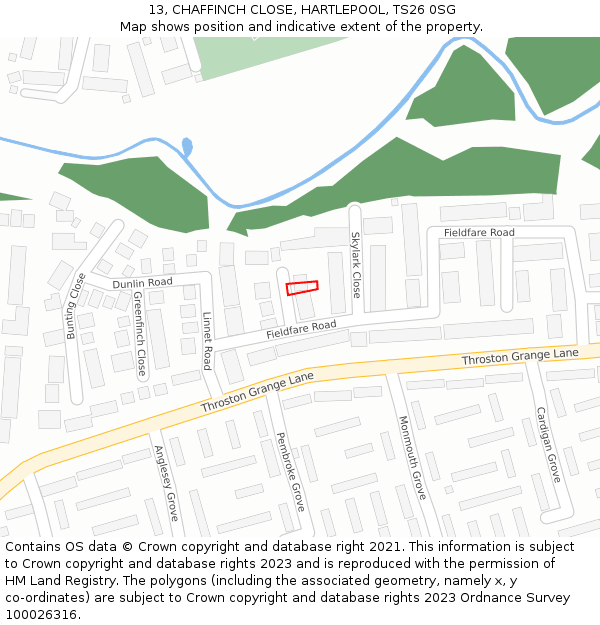 13, CHAFFINCH CLOSE, HARTLEPOOL, TS26 0SG: Location map and indicative extent of plot
