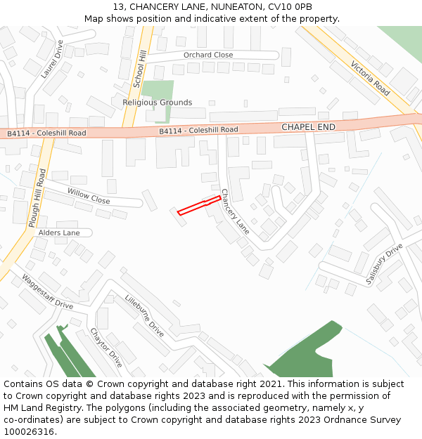 13, CHANCERY LANE, NUNEATON, CV10 0PB: Location map and indicative extent of plot