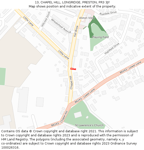 13, CHAPEL HILL, LONGRIDGE, PRESTON, PR3 3JY: Location map and indicative extent of plot