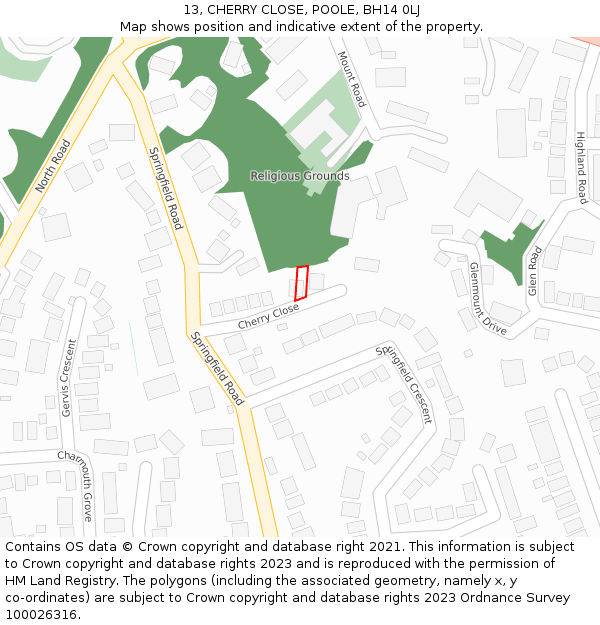 13, CHERRY CLOSE, POOLE, BH14 0LJ: Location map and indicative extent of plot