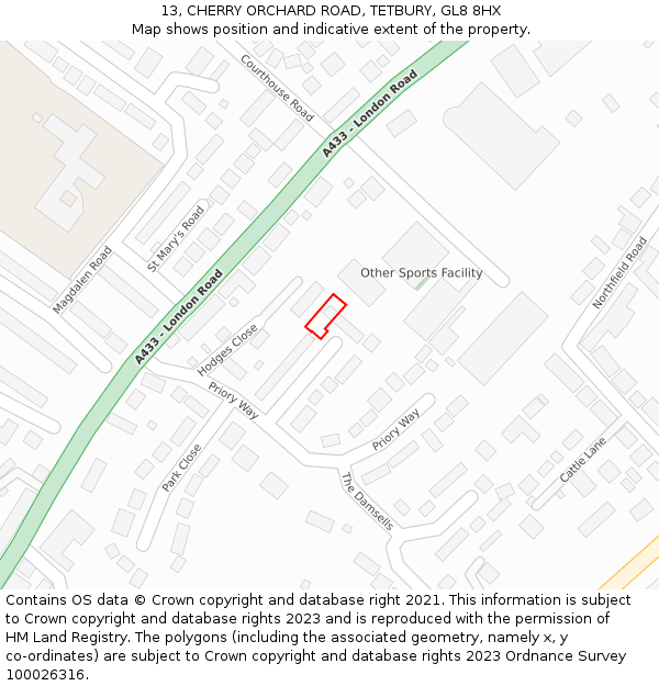 13, CHERRY ORCHARD ROAD, TETBURY, GL8 8HX: Location map and indicative extent of plot