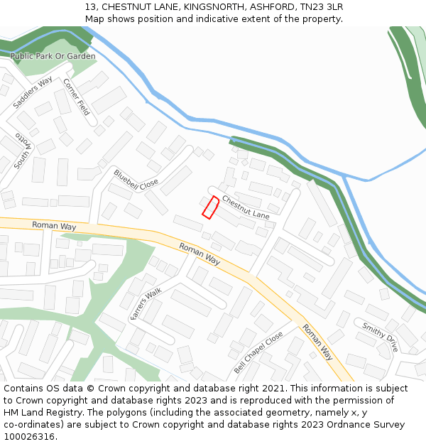 13, CHESTNUT LANE, KINGSNORTH, ASHFORD, TN23 3LR: Location map and indicative extent of plot